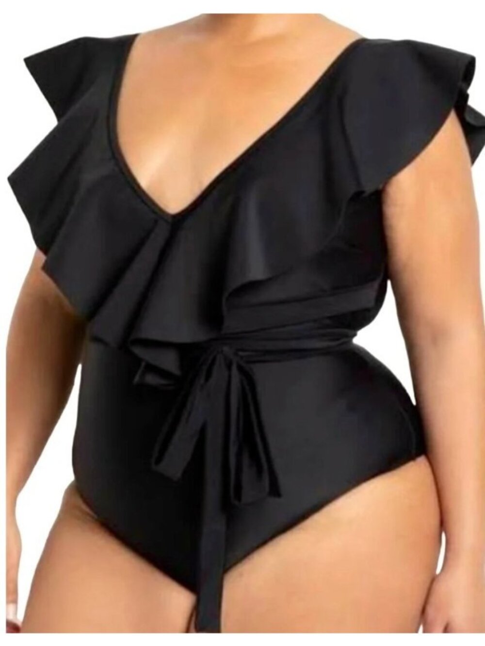 Eloquii Dramatic Black Ruffle Shoulder Tie Waist One Piece Swimsuit Womens Sz 18